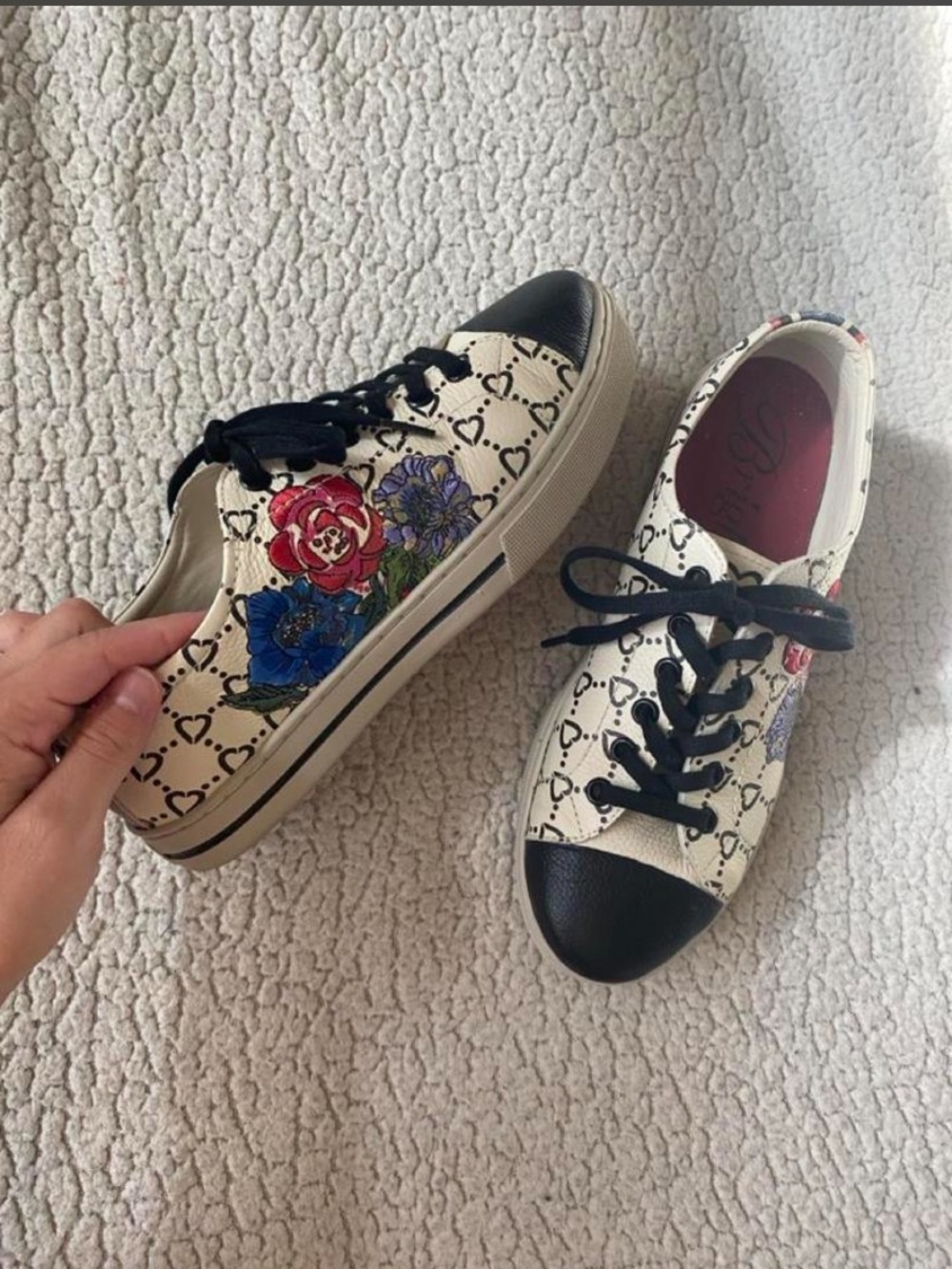 Brighton Cream Floral Heart-Print Sneakers with Black Toe